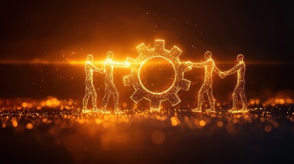 Poster - A glowing representation of teamwork, featuring stylized figures collaborating around a central gear, symbolizing cooperation and innovation.