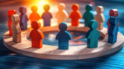 Poster - A circular arrangement of colorful wooden figures symbolizes community, collaboration, and unity, illuminated by a warm light.
