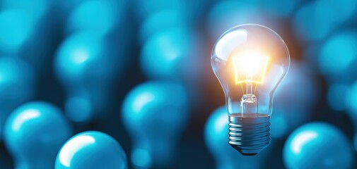 Poster - A glowing light bulb stands out among a sea of blue light bulbs, symbolizing innovation and new ideas.