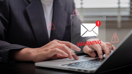 Aufkleber - Concept of email warning and phishing scam risk as business professional typing on laptop receives fraud alert notification, emphasizing cybersecurity threat in digital workplace environment
