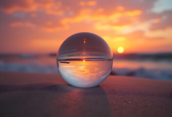 Beautiful crystal ball on the sand on the beach with sea on the background on the sunset.
