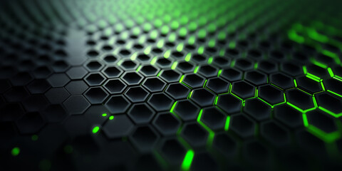 Poster - honeycomb pattern features hexagons in shades of black and vibrant green led lights , creating a visually engaging texture. modern digital computer gaming background