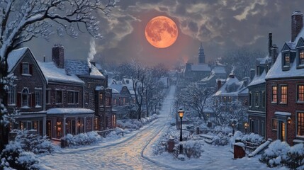 Poster - Snowy Village Street Underneath a Blood Moon