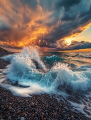 Wall Mural - Ocean Sunset Waves Crashing