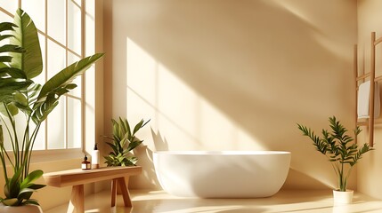 Canvas Print - Sunlit minimalist bathroom with freestanding tub, plants, and wooden bench.