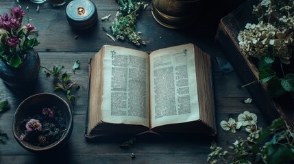 Poster - Open antique book lies on wooden surface with flowers