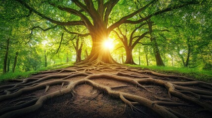 Aufkleber - Majestic tree illuminated by sunlight with expansive root system