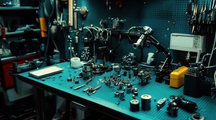 Poster - A cluttered workbench displays various tools and mechanical components