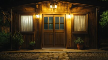 Poster - Illuminated wooden cabin welcomes visitors with warm inviting light