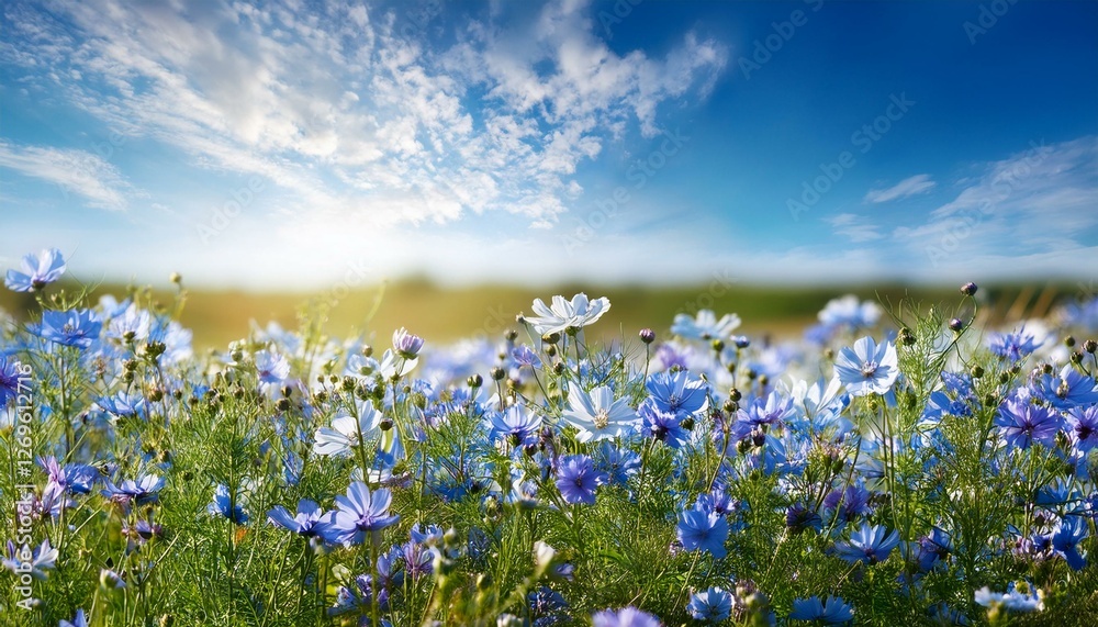 beautiful field meadow flowers chamomile blue wild peas in morning against blue sky with clouds nature landscape close up macro wide format copy space delightful pastoral airy artistic image