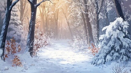 Poster - Snow covered forest trail with sunlit background illustration