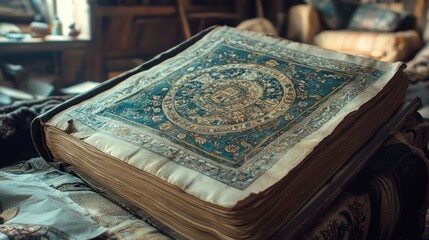 Poster - Ornate ancient book rests open on patterned fabric surface