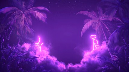 Canvas Print - Neon signs illuminate a tropical landscape in a dreamy purple hue