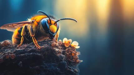 Wall Mural - Close-Up of a Yellow and Black Hornet Perched on a Natural Surface