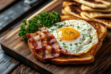 Poster - Bacon and Eggs on Wooden Cutting Board