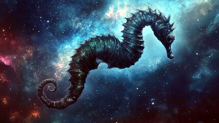 Aufkleber - Floating Through the Cosmos a Luminous Seahorse Surrounded by Swirling Galaxy Dust
