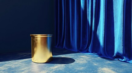 Poster - Golden pedestal stands before a blue curtain and wall
