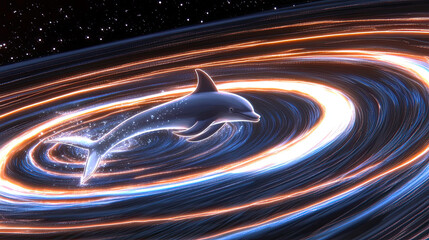 Poster - Dolphin Dives Into a Wormhole, Leaving a Glowing Energy Trail in a Cosmic Scene