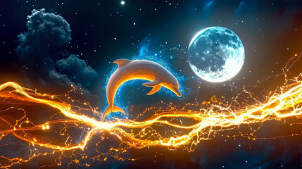 Poster - Luminescent Dolphin Leaps Between Glowing Moons in a Cosmic Dance of Light and Energy