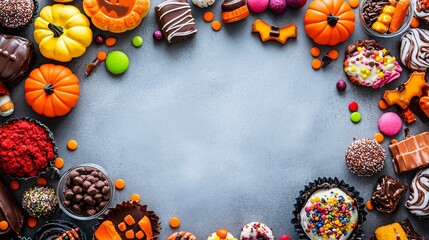 Aufkleber - Delicious halloween candy and treats forming a border on a textured gray background