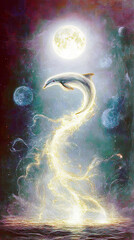 Aufkleber - Luminescent Dolphin Dances Among Glowing Moons in a Cosmic Wonderland of Surreal Beauty