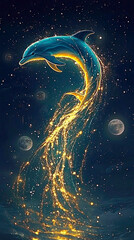 Poster - luminescent dolphin dances between glowing moons in a cosmic tapestry of energy and light