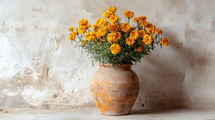 Wall Mural - Rustic orange flowers in clay pot against textured wall.