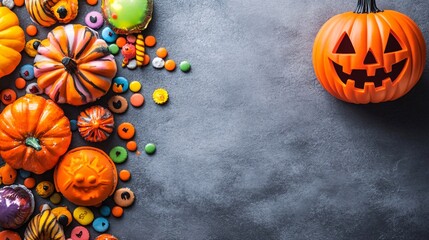 Aufkleber - Halloween pumpkin and sweets lying on gray background with copy space