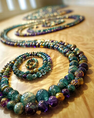 Aufkleber - Colorful Beads Create a Mesmerizing Spiral Pattern on a Smooth Wooden Surface for Celebration