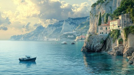 Wall Mural - Serene coastal village nestled on dramatic cliffs, overlooking a calm sea at sunset.