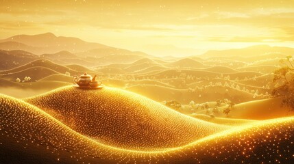 Wall Mural - Golden hills landscape with teapot at sunset.