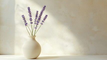 Wall Mural - Lavender flowers in a beige vase against a textured wall with sunlight.