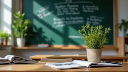 Parent discussion group, Airy classroom chalkboard with notes whiteboard parenting magazines.