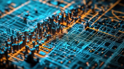Aufkleber - Abstract futuristic city model illuminated with blue and orange glow