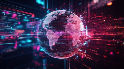 Poster - Digital earth globe with glowing data streams background