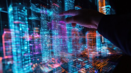 Poster - Person interacts with holographic city projection of futuristic architecture