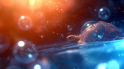 Aufkleber - Turtle Gliding Through the Astral Universe Amidst Sparkling Bubbles and Vibrant Cosmic Colors