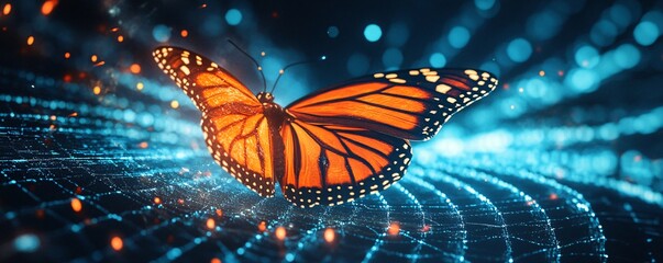 Poster - Monarch butterfly flying over digital network representing technology and nature connection