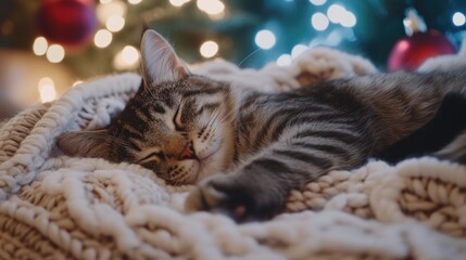 Sticker - Cat sleeping by Christmas tree