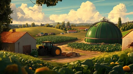 Poster - Idyllic farm landscape featuring a biogas plant and tractor