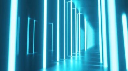 Abstract glowing blue neon light corridor.