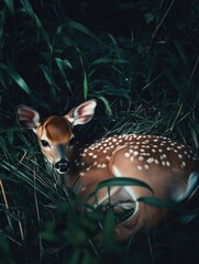 Wall Mural - fawn in grass at night