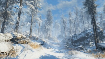Aufkleber - snowy pathway winds through a forest on a bright winter day