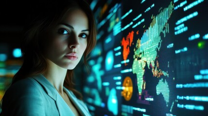 Poster - Focused woman analyzes global data on a holographic display