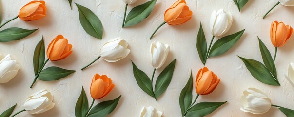 Poster - Spring floral pattern with orange and white tulips on light background