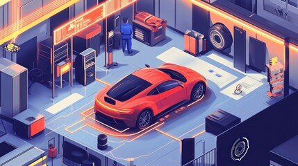 Poster - Isometric view showcases modern garage with a red sports car