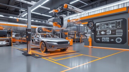 Poster - Silver car being assembled by robotic arm in factory