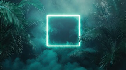 Wall Mural - Glowing neon square floats amid tropical palm trees and fog