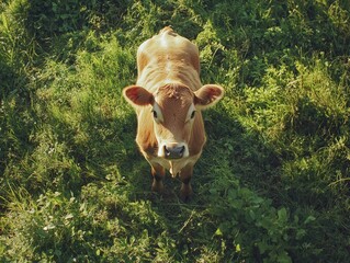 Wall Mural - Brown Cow in Green Field