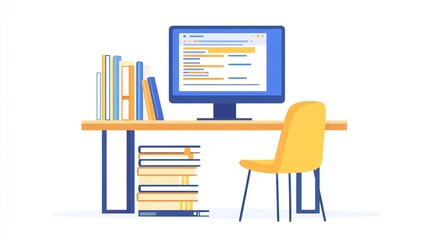 Aufkleber - Desk with computer, books, and chair; online research; home office